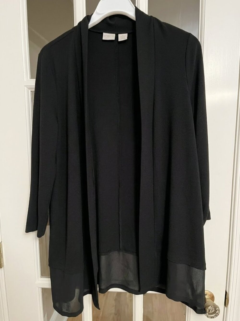 Chico's Travelers Black Sheer Hem Mixed Media Duster Open Cardigan Jacket Size 3